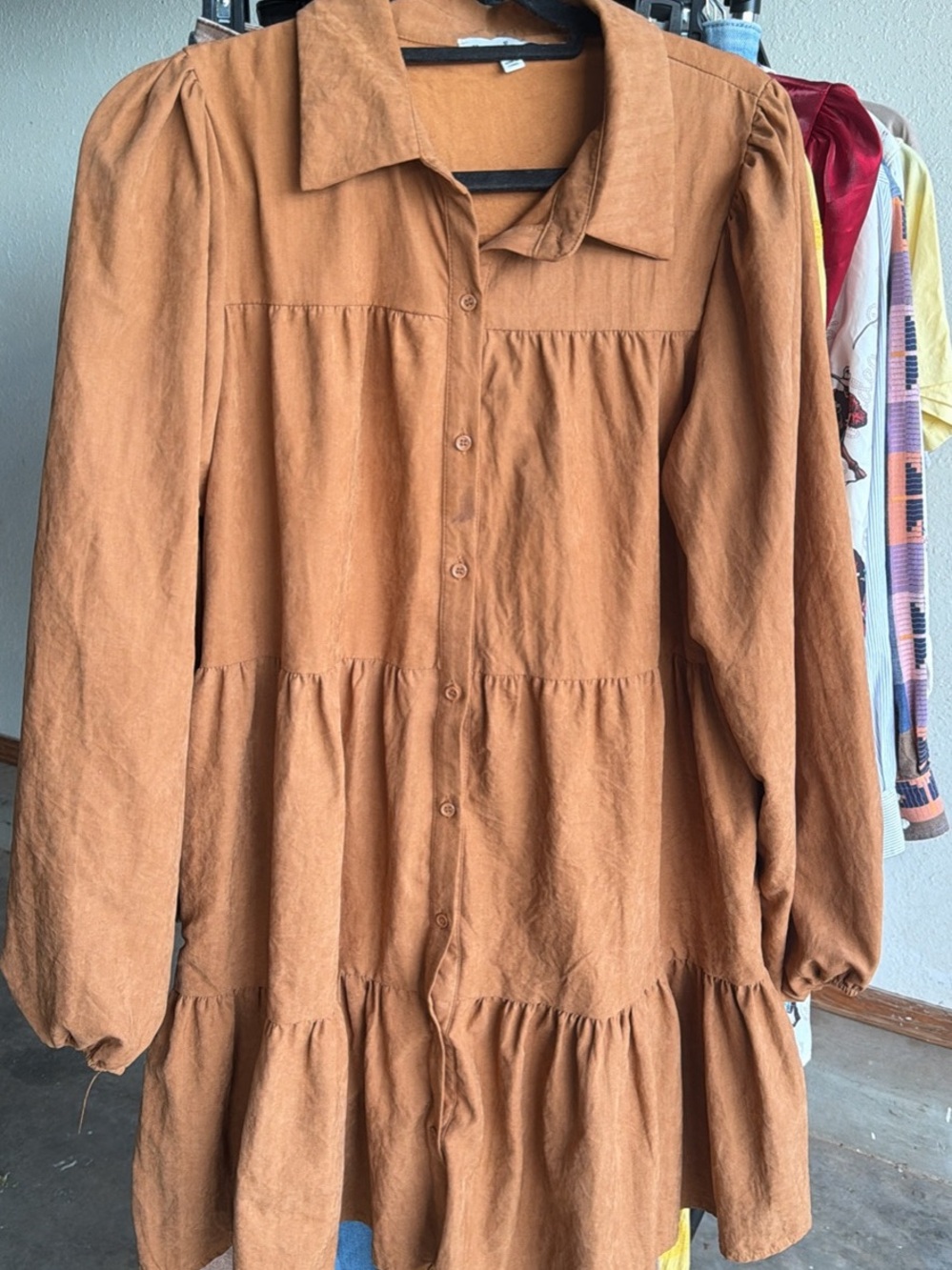 HYFVE Rust Brown Long Sleeve Tiered Shirt Dress